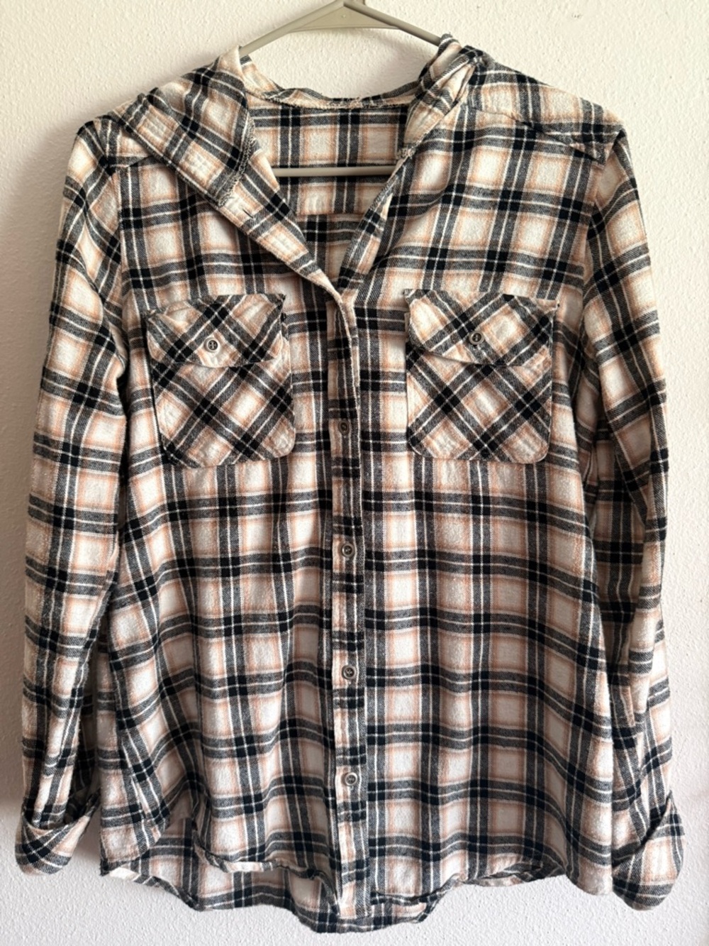 ▪️ BKE • Black & White Plaid Button-Down Hooded Shirt • Womens medium